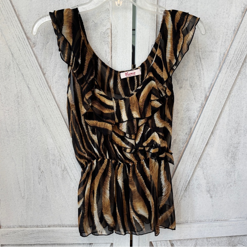 Vintage Vivace Animal Print Ruffle Top Women’s Medium Semi Sheer Black Tan Beige